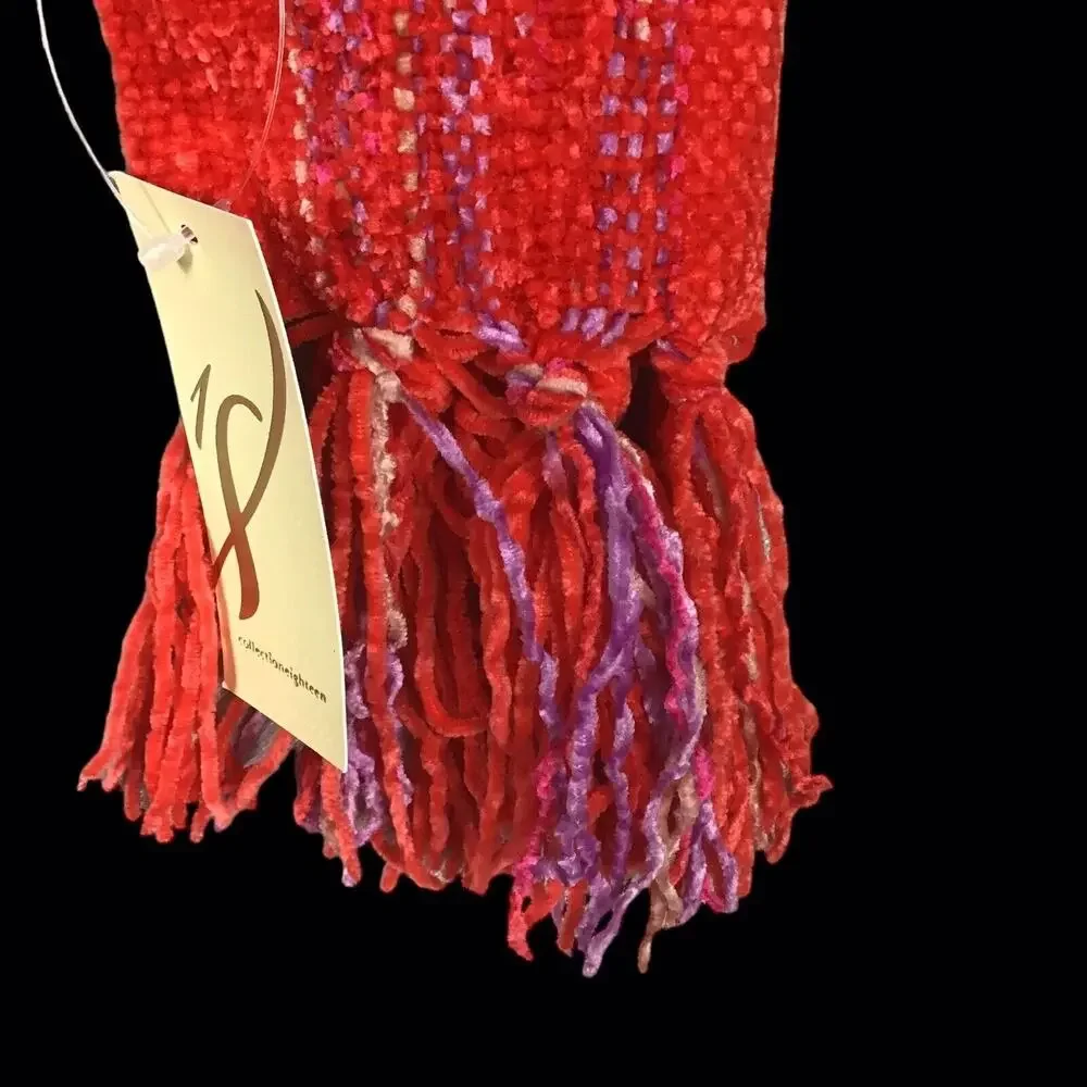 Collection 18 Pink Red Chenille Stripe Muffler Scarf Fringe NWT